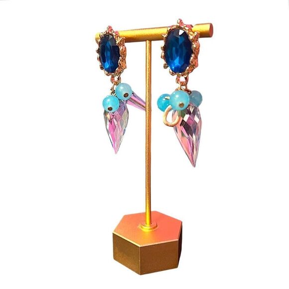 Teal Rhinestone And Blue Bead And Faux Crystal Gold Tone Dangle Earrings - Picture 2 of 3